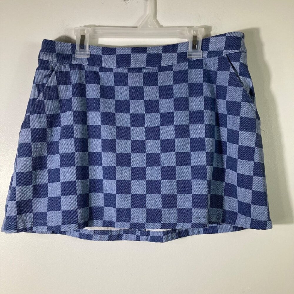 Womens‎ Pink Lily Bye Bye Blue Checkered Skort Back Zip Blue L Cotton Pockets